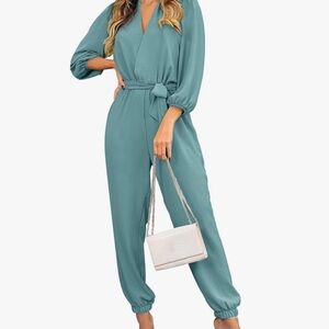 BTFBM Womens Teal Jumpsuit-V Neck High Waist Belt Pocket Long Pants Romper